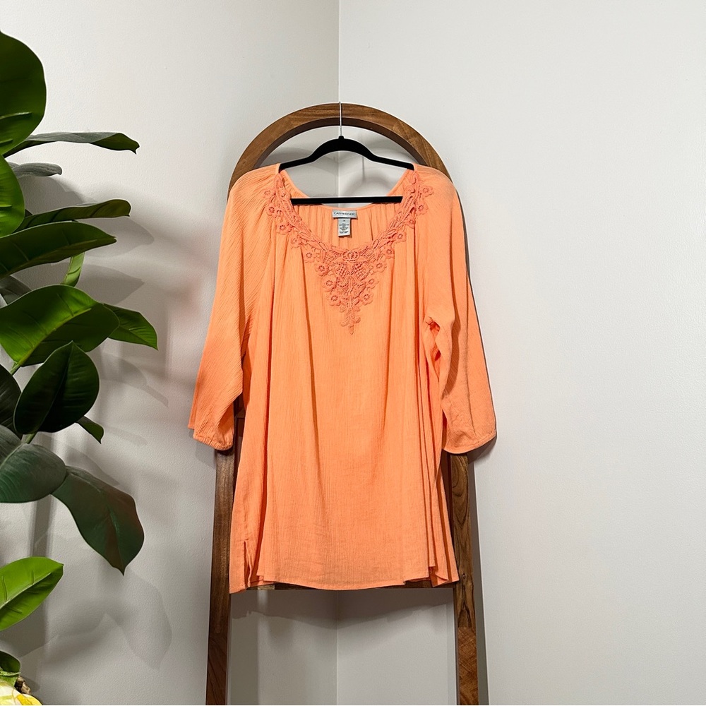 Catherines 2X Coral 100% Cotton Crinkle Crochet Neck Long Sleeve Blouse Top